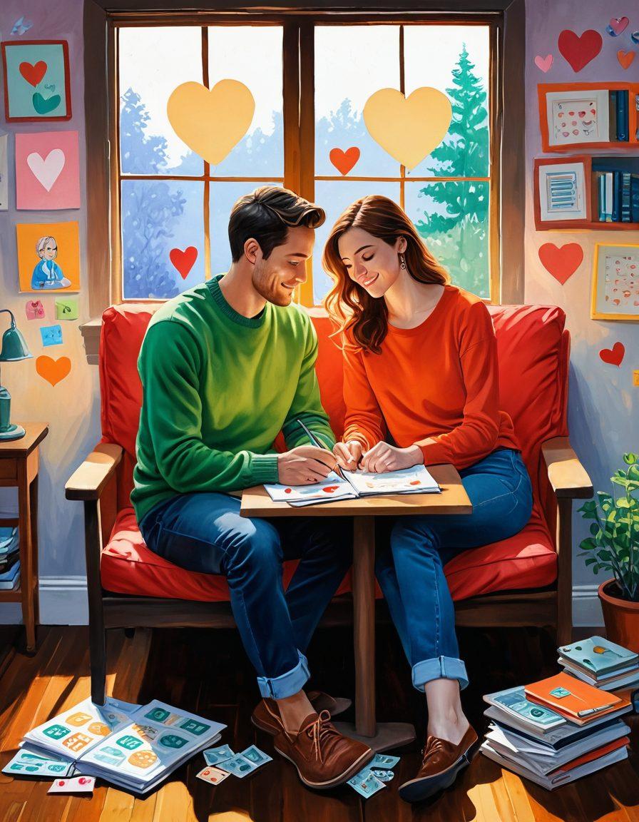 A romantic scene featuring a couple sharing a loving gaze over a financial portfolio, surrounded by symbols of love like hearts and dollar signs. Include a cozy setting with soft lighting that blends the themes of romance and financial planning. Illustrate elements like charts and a calculator subtly integrated into the environment. Warm, inviting colors with a touch of whimsy. painting. vibrant colors.