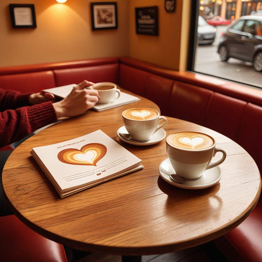 A romantic scene depicting a couple in a cozy coffee shop, surrounded by floating icons representing various insurance policies like health, home, and life insurance. They hold hands while reviewing a policy document together, illustrating love and security. The warm ambiance features soft lighting and a heart-shaped latte art. super-realistic. warm colors. cozy atmosphere.